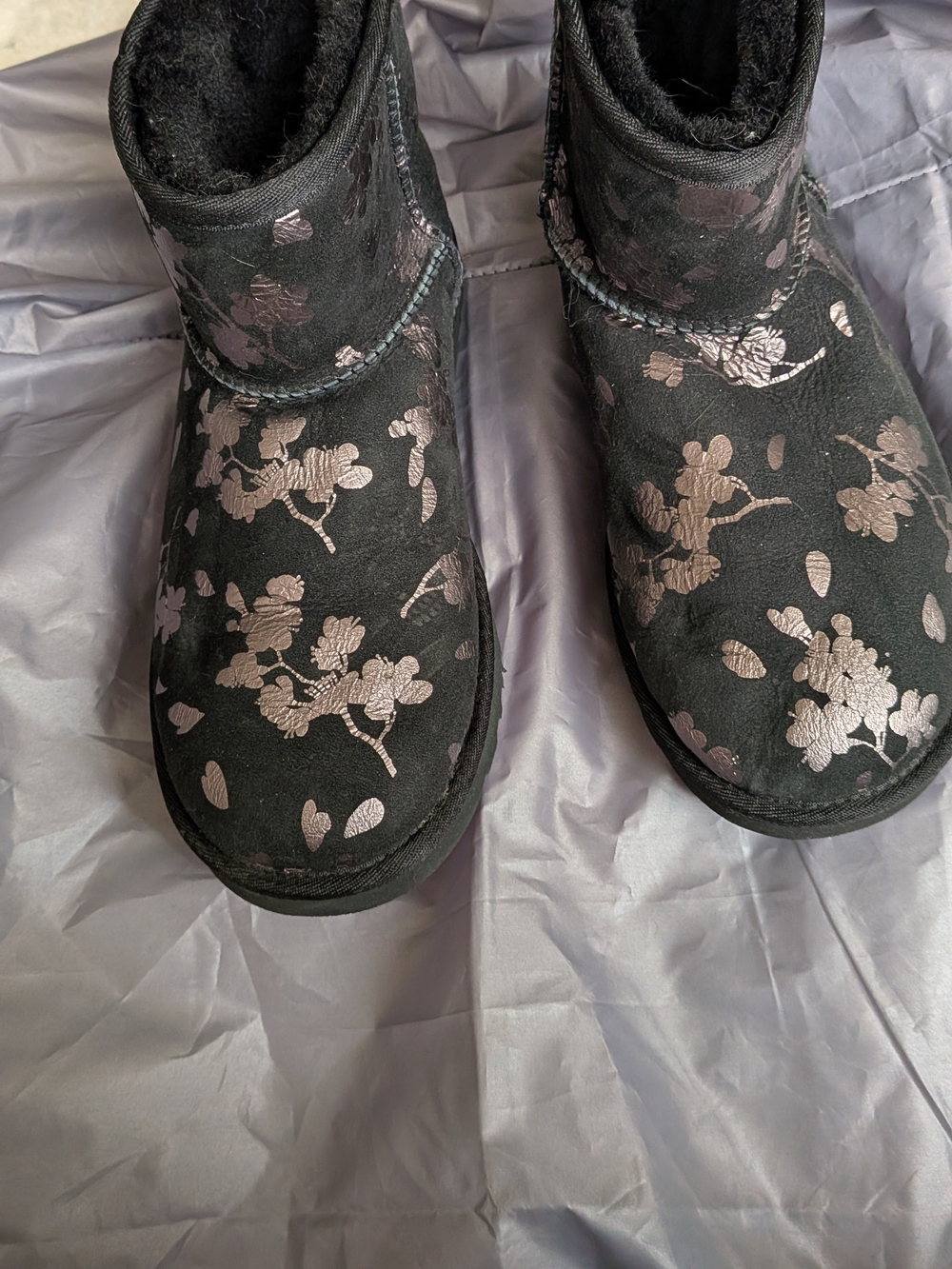 UGG Black Suede Ankle Boots with Metallic Floral Print